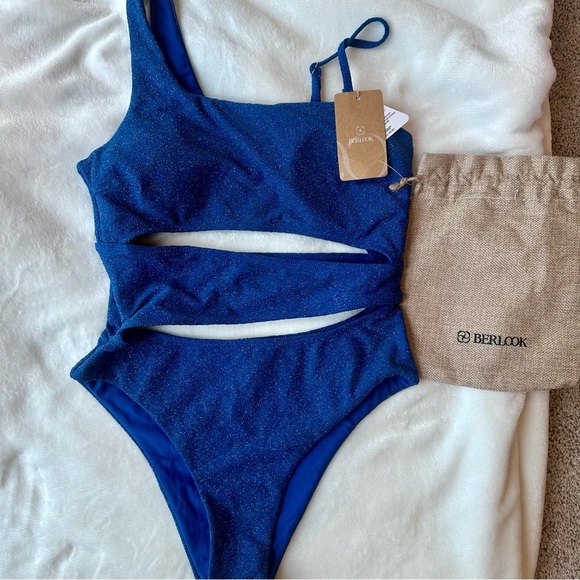 Berlook Blue Lurex Cut Out One-Piece Swimsuit NEW Medium - Picture 4 of 6